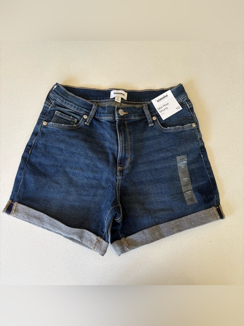 Women's Sonoma Denim Shorts, Mid-Rise, Stretchy Rolled Hem, Dark Wash, Size 10